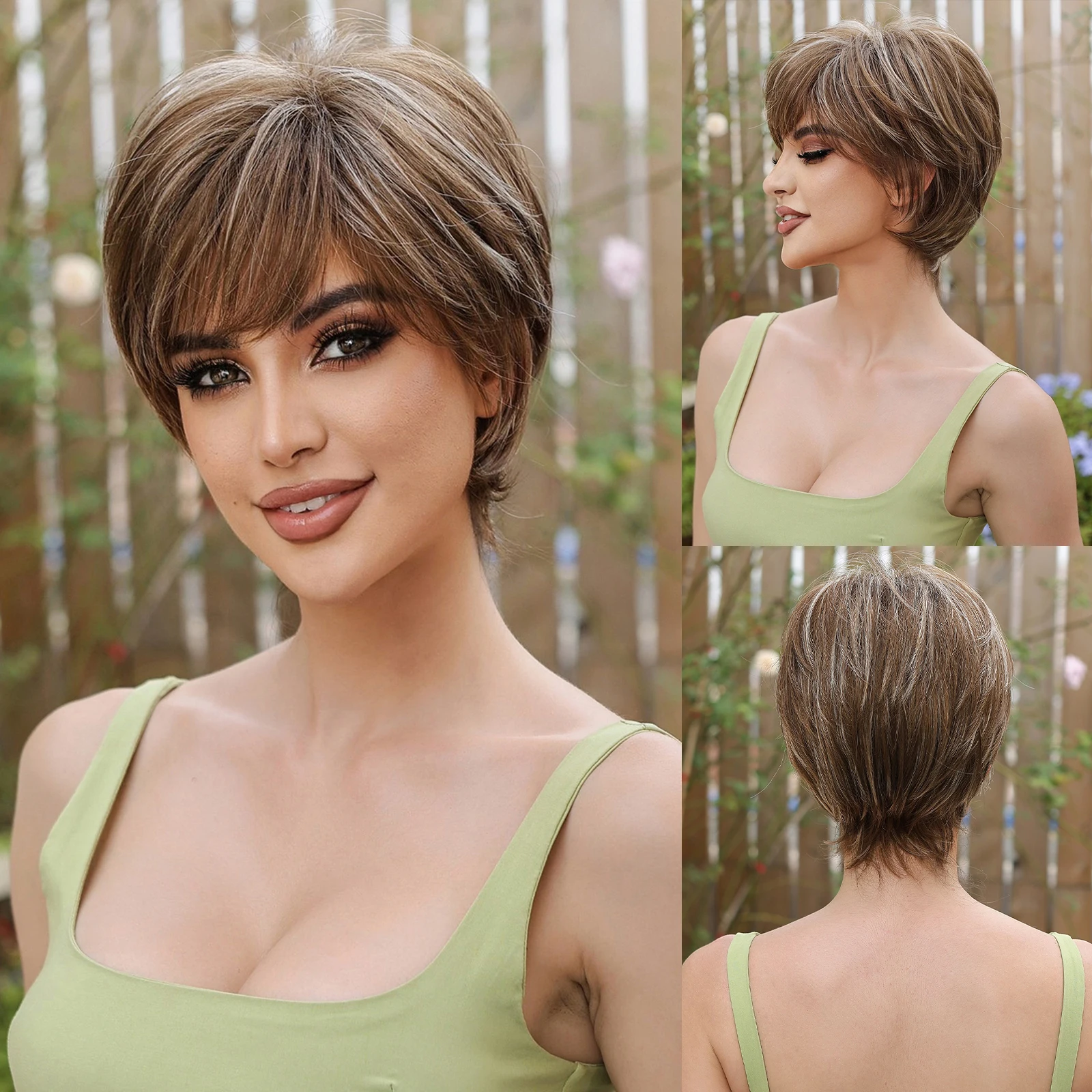 Short Brown Blonde Mixed Synthetic Wigs with Bangs for Women Straight Pixie Cut Wig Full Hair for Mommy Daily Heat Resistant Use