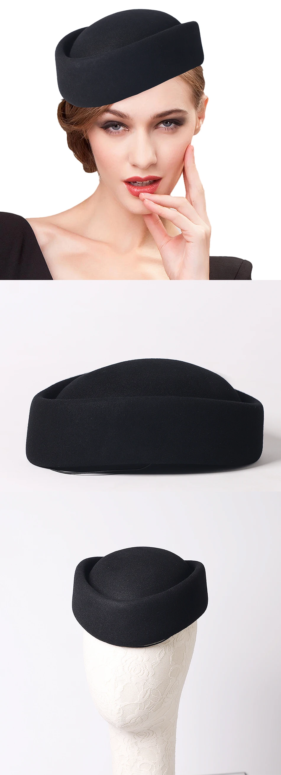 FS Luxuriöse weiße Woll-Pillbox-Hüte für Damen, Teeparty-Fascinator-Hut, Vintage-Weinrot, Hochzeits-Brautkappe, Chapeau Femme – Detail 4