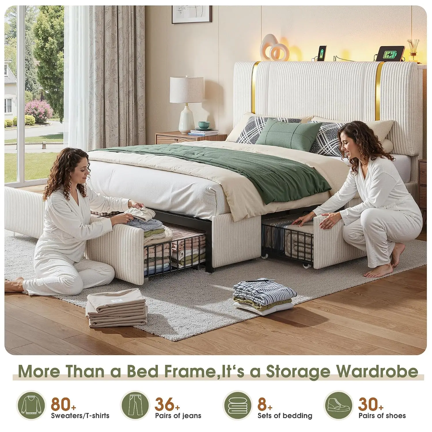 Bed Frame 6 Drawers Adjustable Headboard Beige, Customized image 3