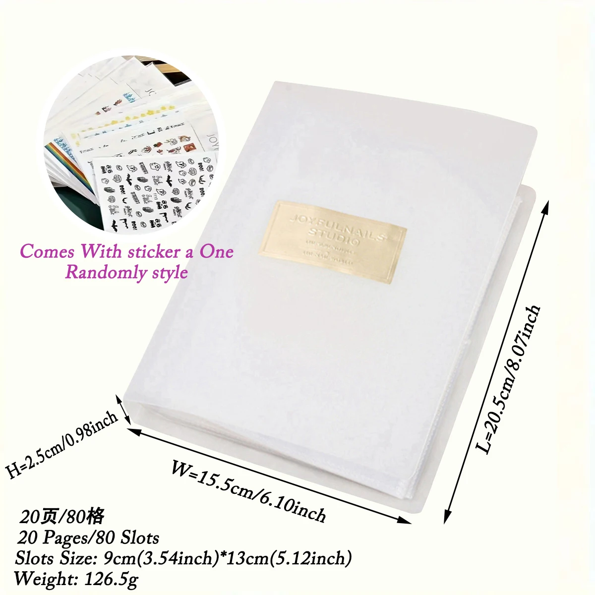 1 Pcs White Nail Sticker Organizer Book, 20 Pages 80 Slots Decals-Random Includes 1 random sticker sheet Nail Art Album Holder