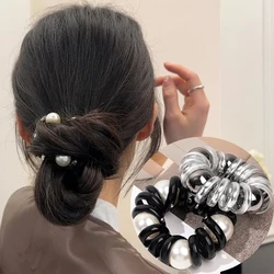 Phone Cord Hair Tie Ring Scrunchies Pearl Beads Clear Telephone Wire Elastic Hair Bands Ponytail Holder Women Hair Accessories