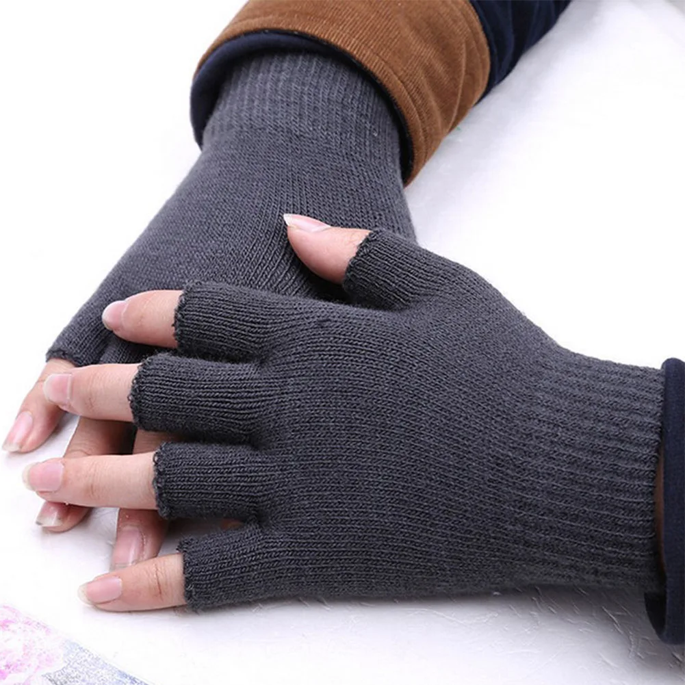 Winter Warm Knitted Half Finger Gloves Unisex Women Men's Solid Black Gray Fingerless Stretchy Elastic Mittens
