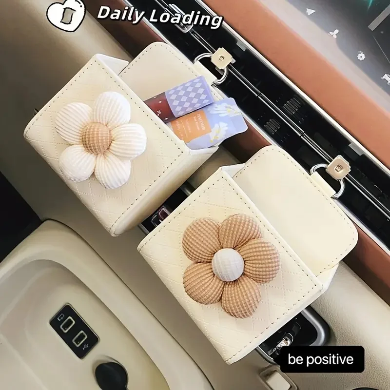 A Flower Patterned PU Leather Car Storage Box, Lightweight and Portable, Glove Box Organizer, Vehicle Interior Decoration