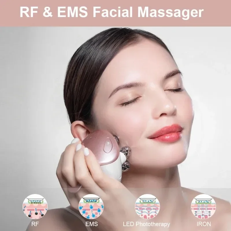 เครื่องนวดหน้า 5 in 1 EMS พร้อม 4D หัวนวด RF ใช้ Facial อุปกรณ์ส่งเสริมครีม Absorption 5 สีโหมด