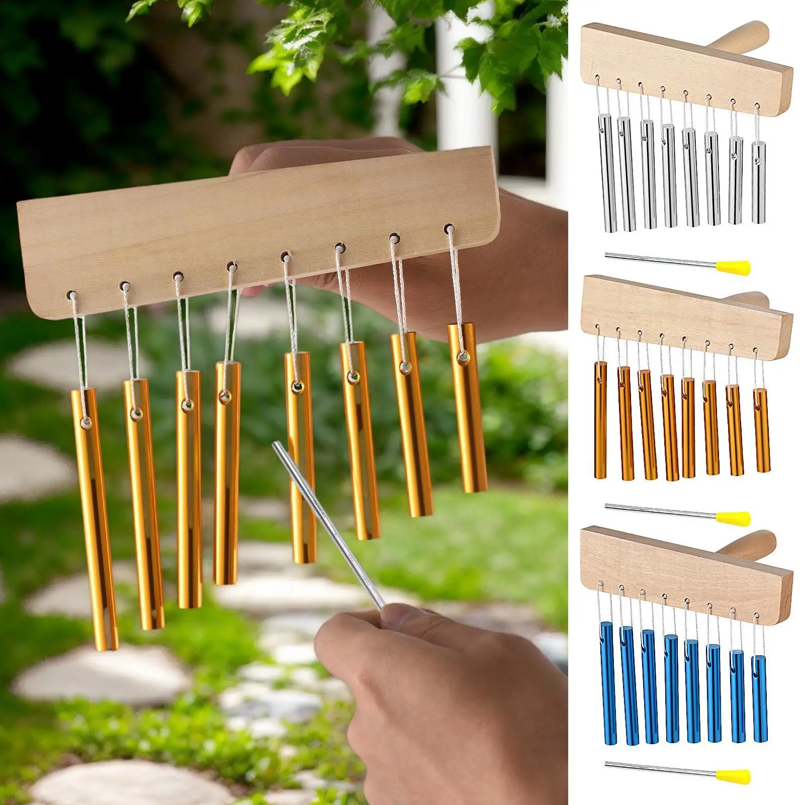 

Hand Chimes 8 Tone Wood Meditation Bell Solid Aluminum Tube Musical Device With Knock Stick For Men Indoor Home Temple Garden