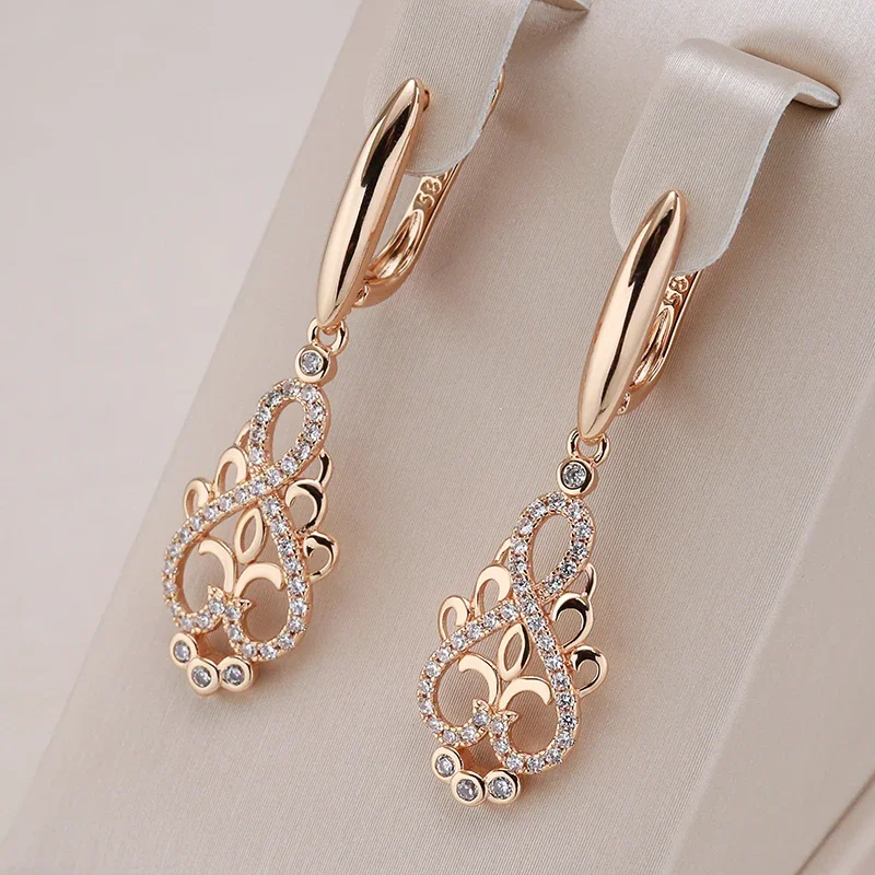 Kinel New Trend Crystal Flower Dangle Earrings Women Natural Zircon  Rose Gold Ethnic Bride Earrings Fashion Vintage Jewelry