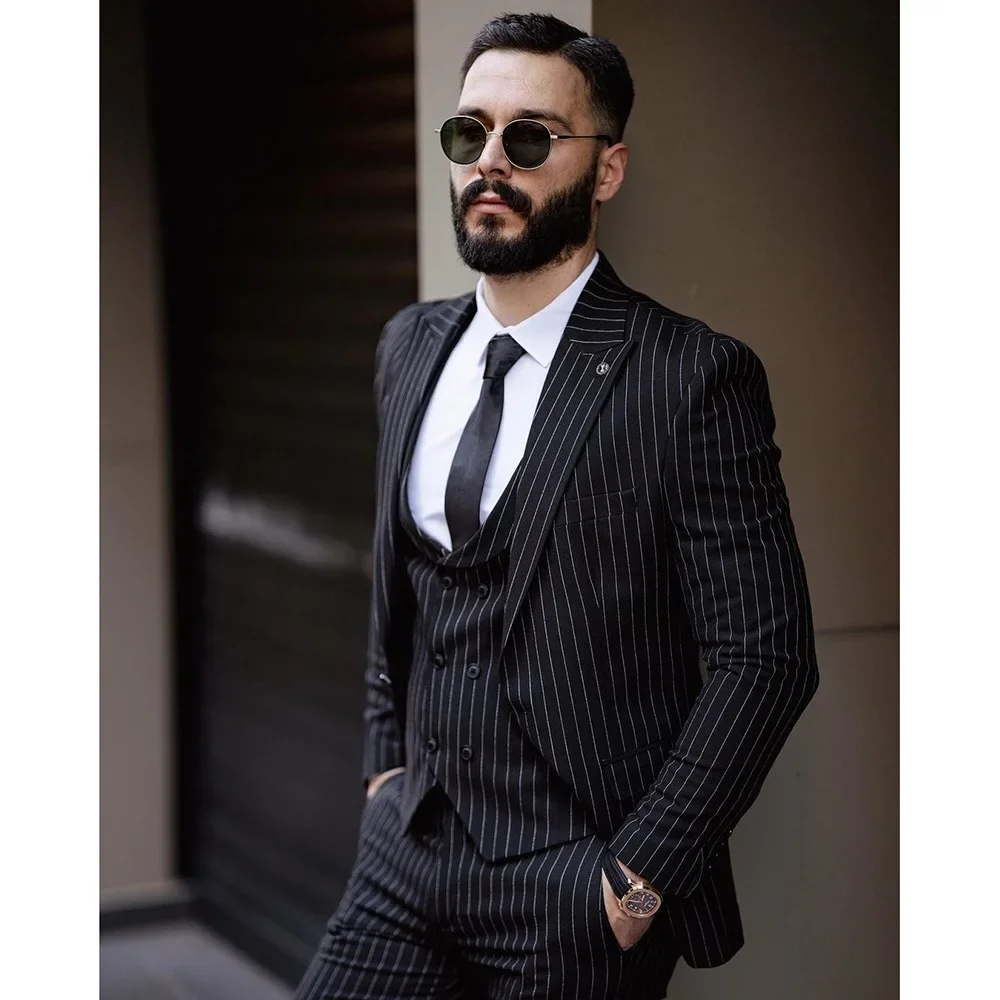 Fashion Black Striped Men's Suits Formal Business Blazer Slim Fit Banquet Tuxedos 3 Piece Set Jacket Vest Pants Terno Masculino