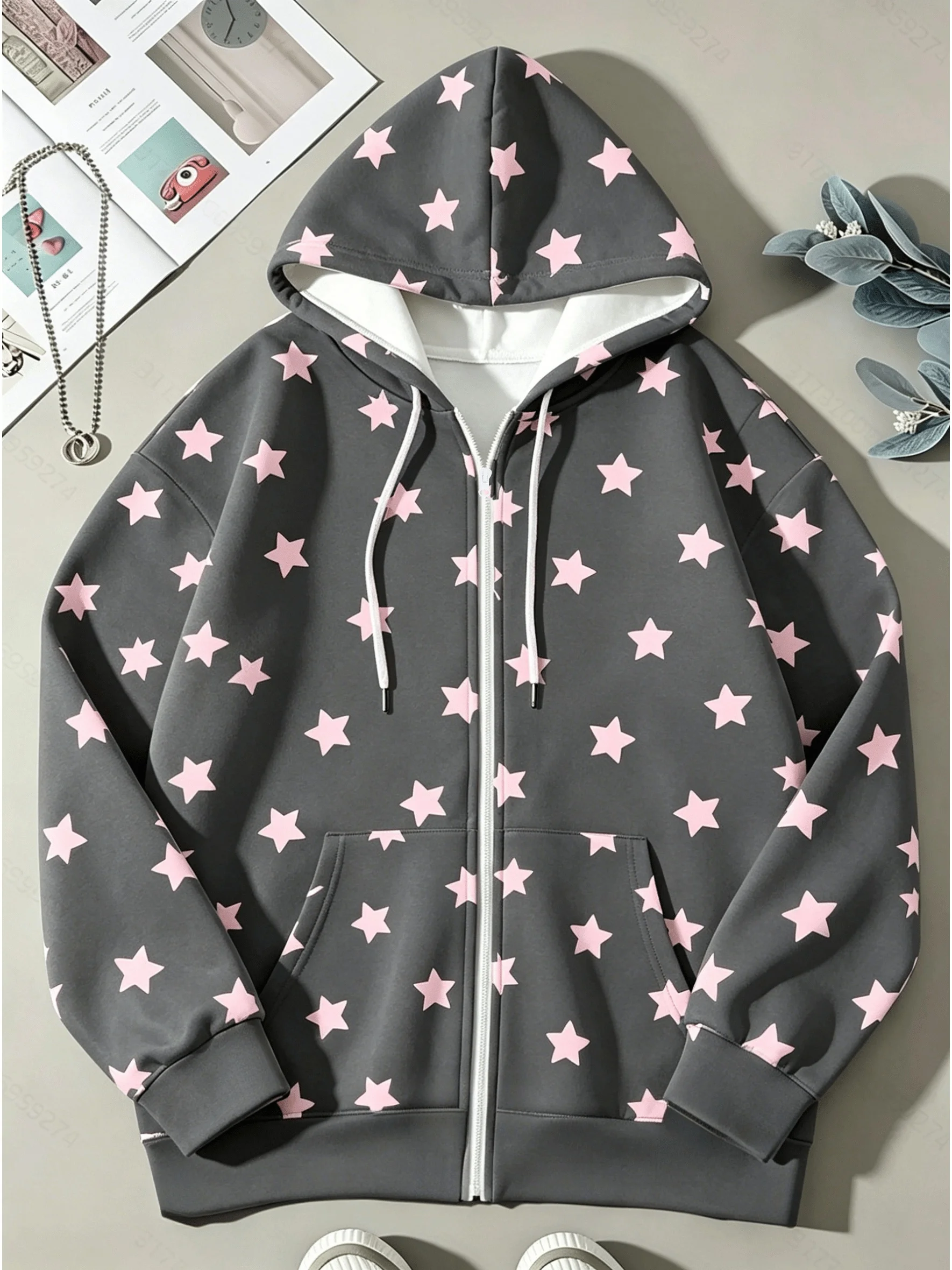 Black Hooded Zip-Up Cardigan Sweatshirt for Women with All-Over Pink Five-Pointed Star Print
