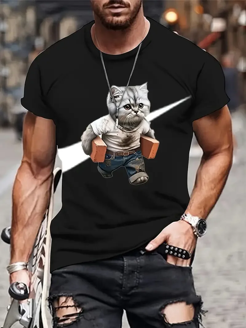 Summer Fashion Funny Cartoon Cat Graphic T-shirt For Men New Trend Casual Personality 3D Printed Round Neck Short Sleeve Tee Top