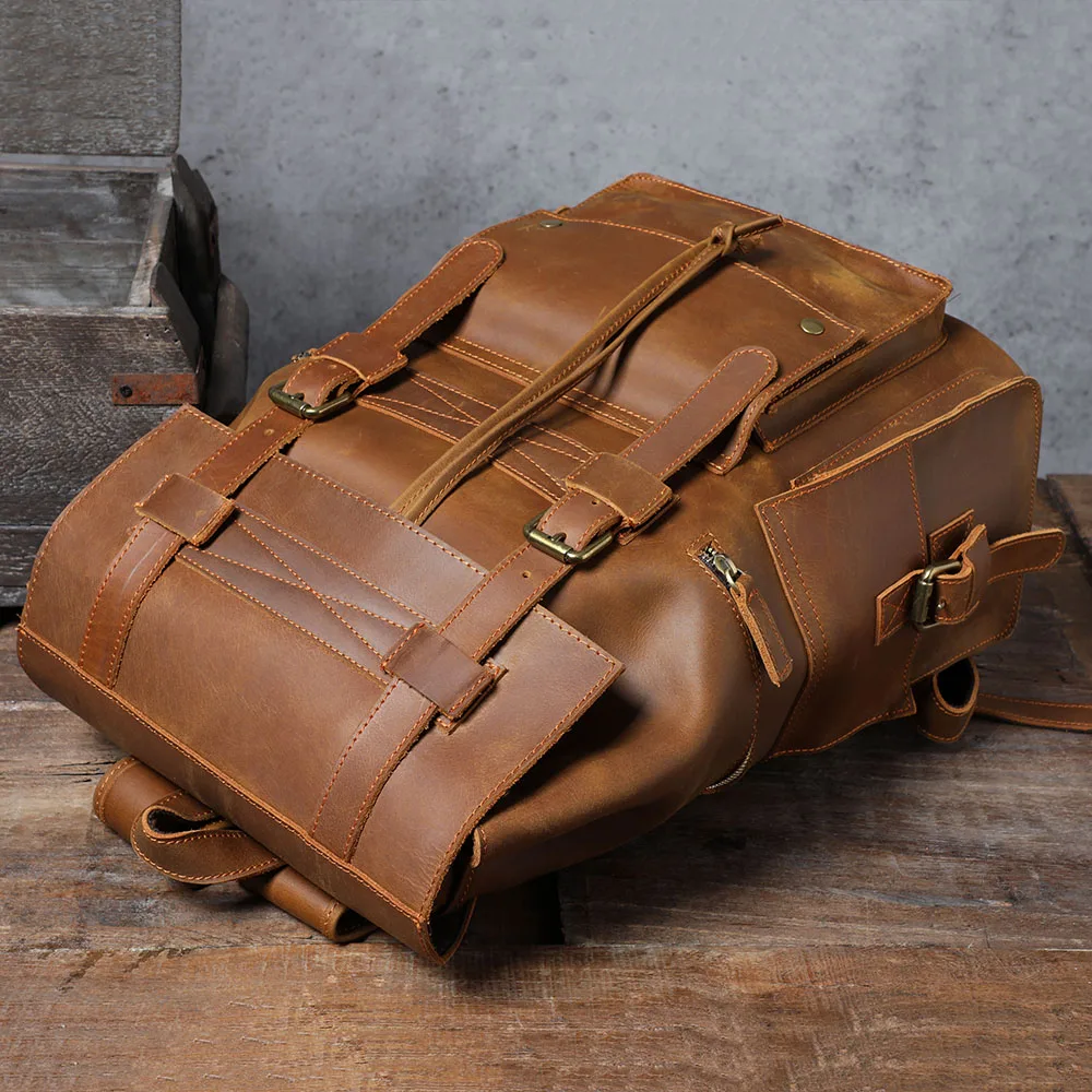 S.WORKER Vintage Echtleder Herrenrucksack Laptop-Tasche Casual Crazy-Horse Leder Schultasche Outdoor Reise-Weekender-Tasche – Detail 10