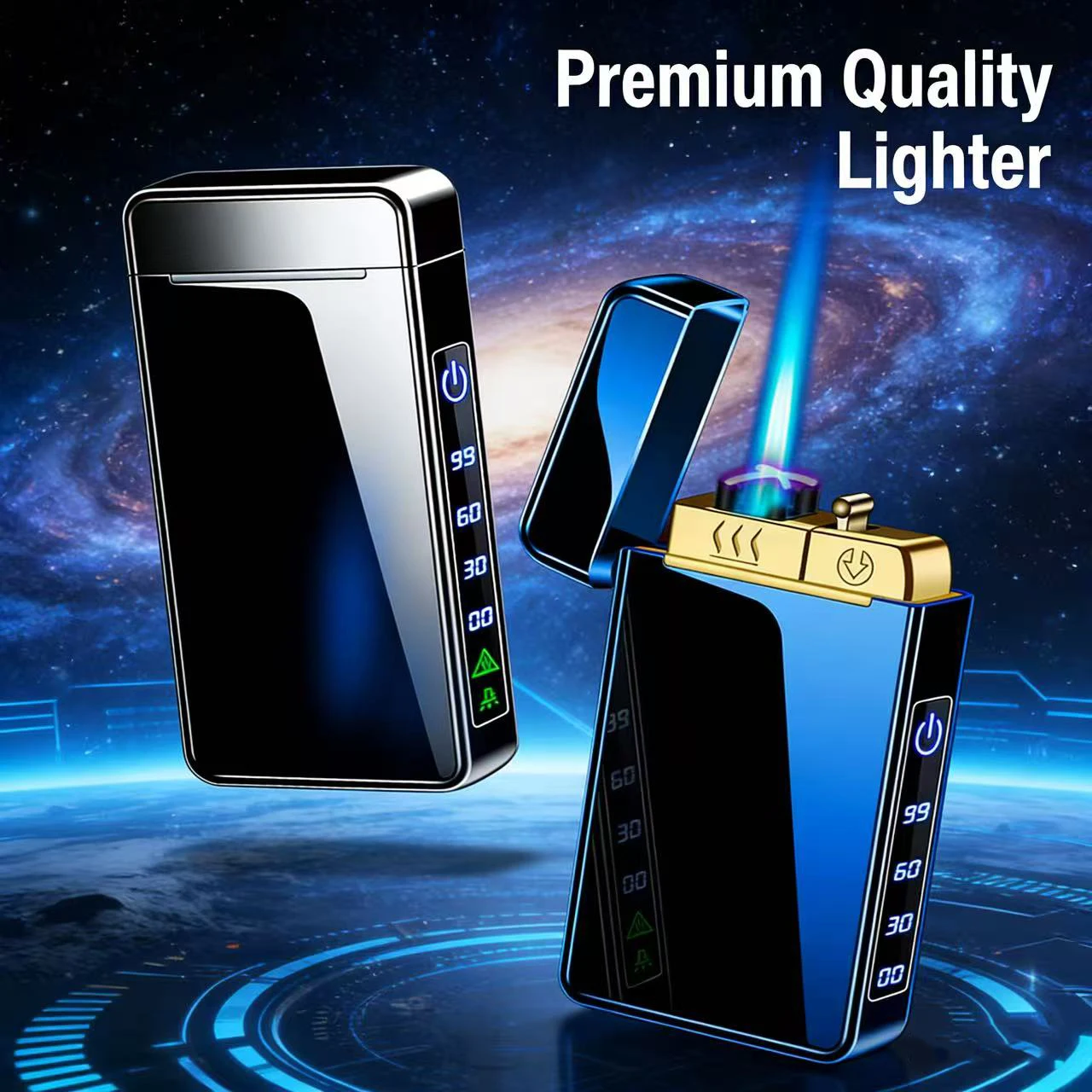 

Triple Flame Lighter: Dual Jet + Dual Arc + Open Flame, Gas & Electric 3 Modes, Visible Gas Window