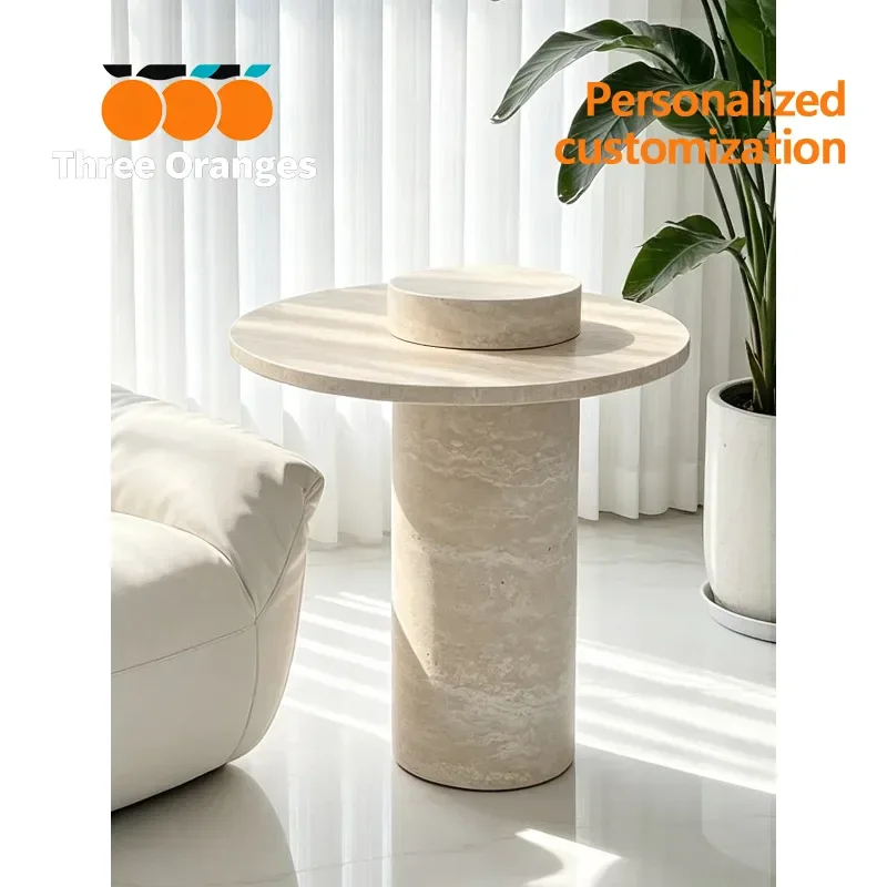 Travertine edge table designer coffee table living room light luxury high-end corner table marble round table