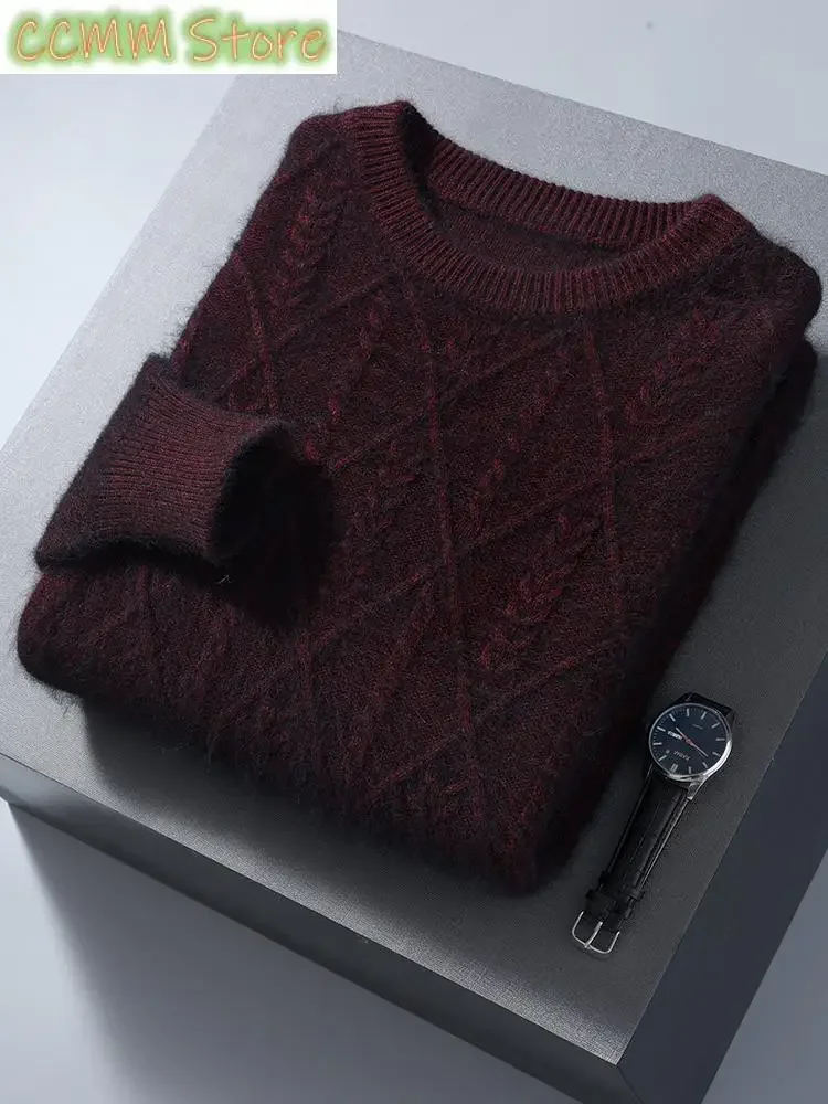 

Mink Cashmere Autumn Winter Men O-Neck Sweater Cable Knitting Thick Pullover High Quality Smart Casual Cashmere Knitwear