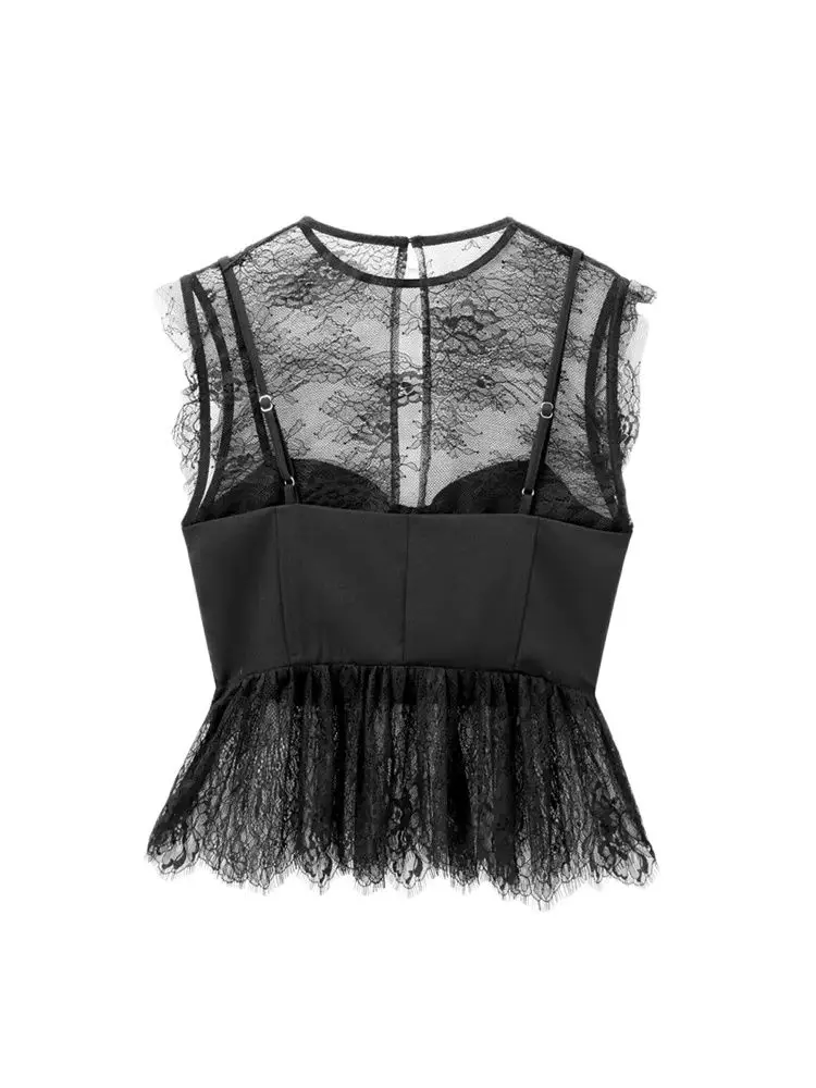 Women\'s Blouses with Lace, O Neck, Sleeveless, Side Zipper, Female Shirts, Sexy Fashion, Chic Tops