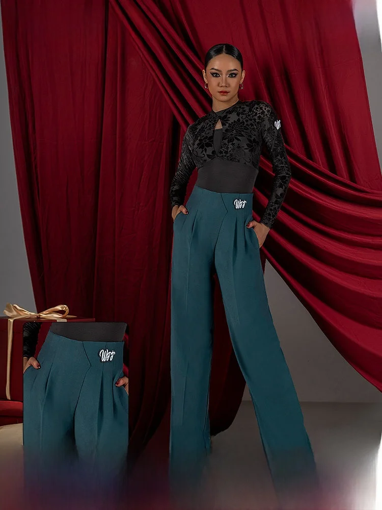 wjjdance-high-waist-irregular-splicing-latin-modern-long-pants-women's-practice-uniform-standard-dance-sportswear-fitness
