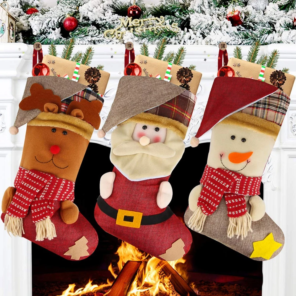 Cute Christmas Stocking Christmas Tree Decor Candy Gift Bag Snowman Santa Claus Elk Print Home Navidad Socks Christmas Gift