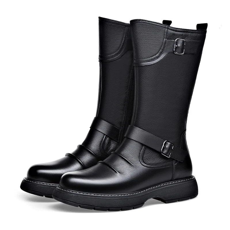 Botas de caballero alto para hombre, zapatos de cuero originales, botas de plataforma de diseñador de marca, botas largas de motocicleta, moda de lujo, Otoño e Invierno