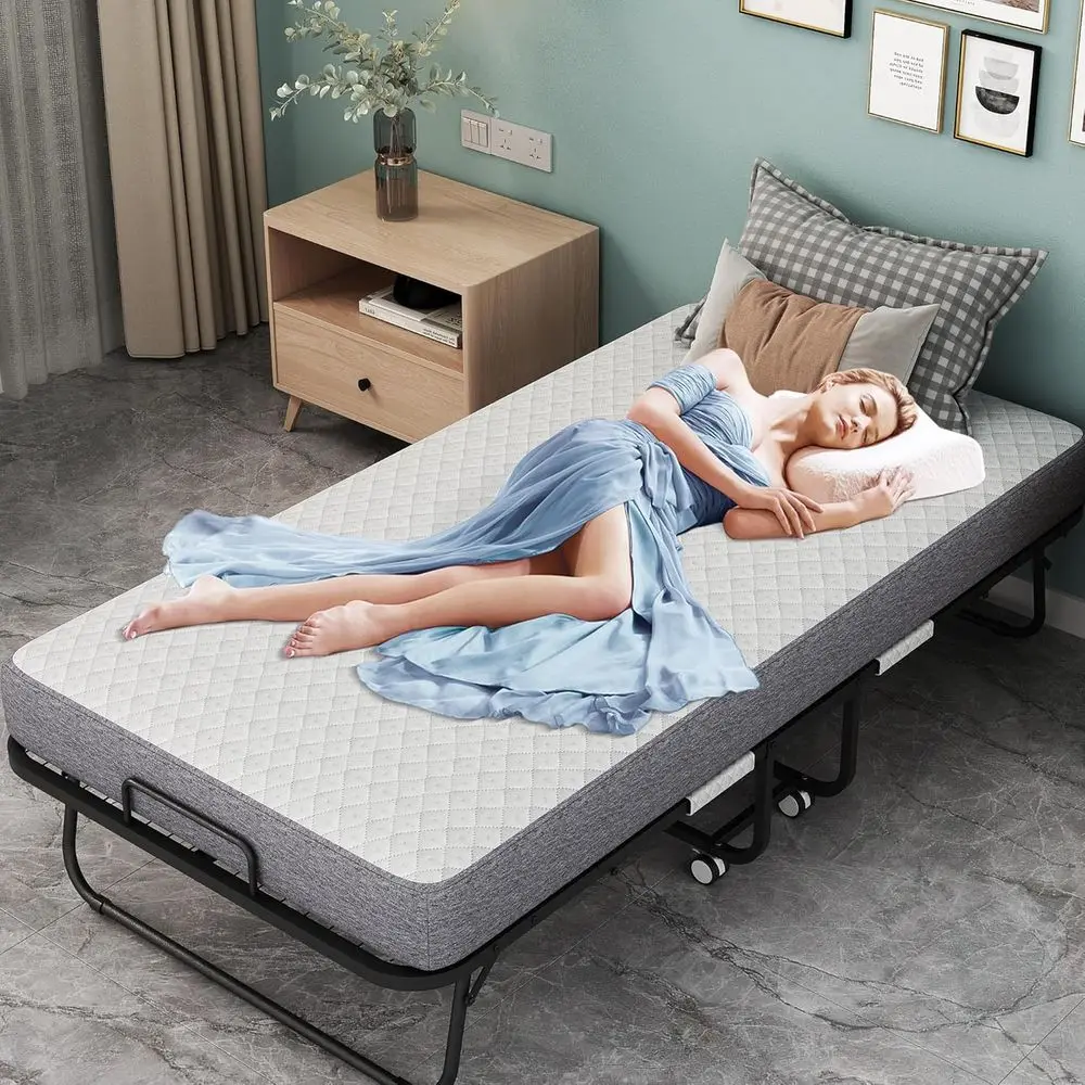 Extra-Long Twin Mattress with Folding Guest Bed, 75x46 Portable Rollaway Bed with 5 Memory Foam Mattress, Ideal for Dorms, Hotel - Detail 1