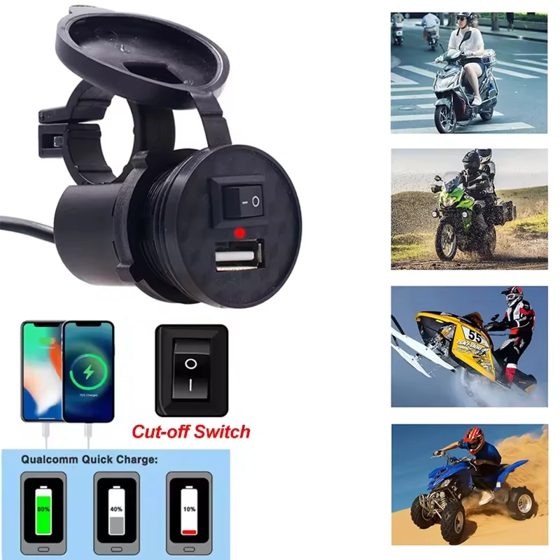 Motorcycle Handlebar Charger Waterproof Usb Adapter 12V-24V USB Port Mobile Phone Charger with Light Switch Moto Accessories