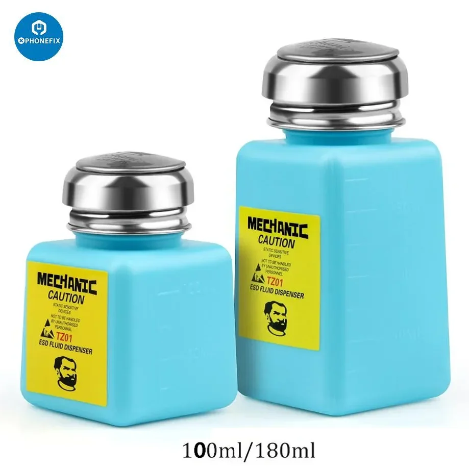 Mechanic ESD Fluid Dispenser 180ML Metal Cap Liquid Alcohol Bottle Press Pumping Dispenser for Phone Soldering Repair Tools
