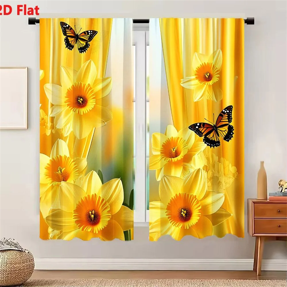 2Pcs Curtains Bright Yellow Daffodils With Monarch Butterflies And Sheer Golden Curtains Window Drapes for Bedroom Room Decor De