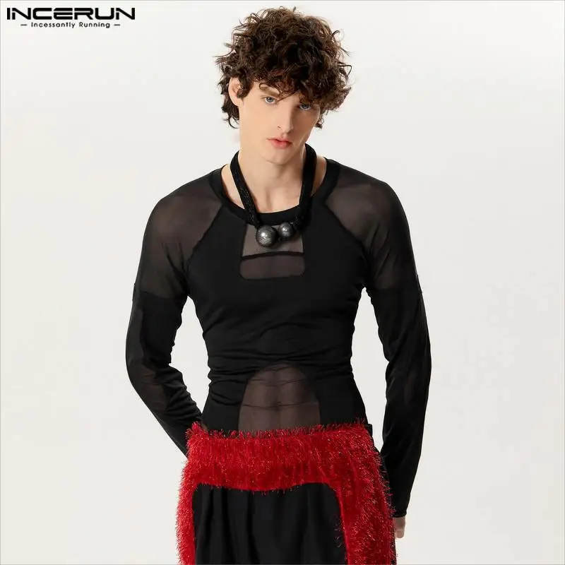 Incerun 2024 Herren Bodys Mesh Patchwork O-Ausschnitt Langarm männliche Stram pler Fitness transparente Mode sexy Bodysuit Männer S-3XL