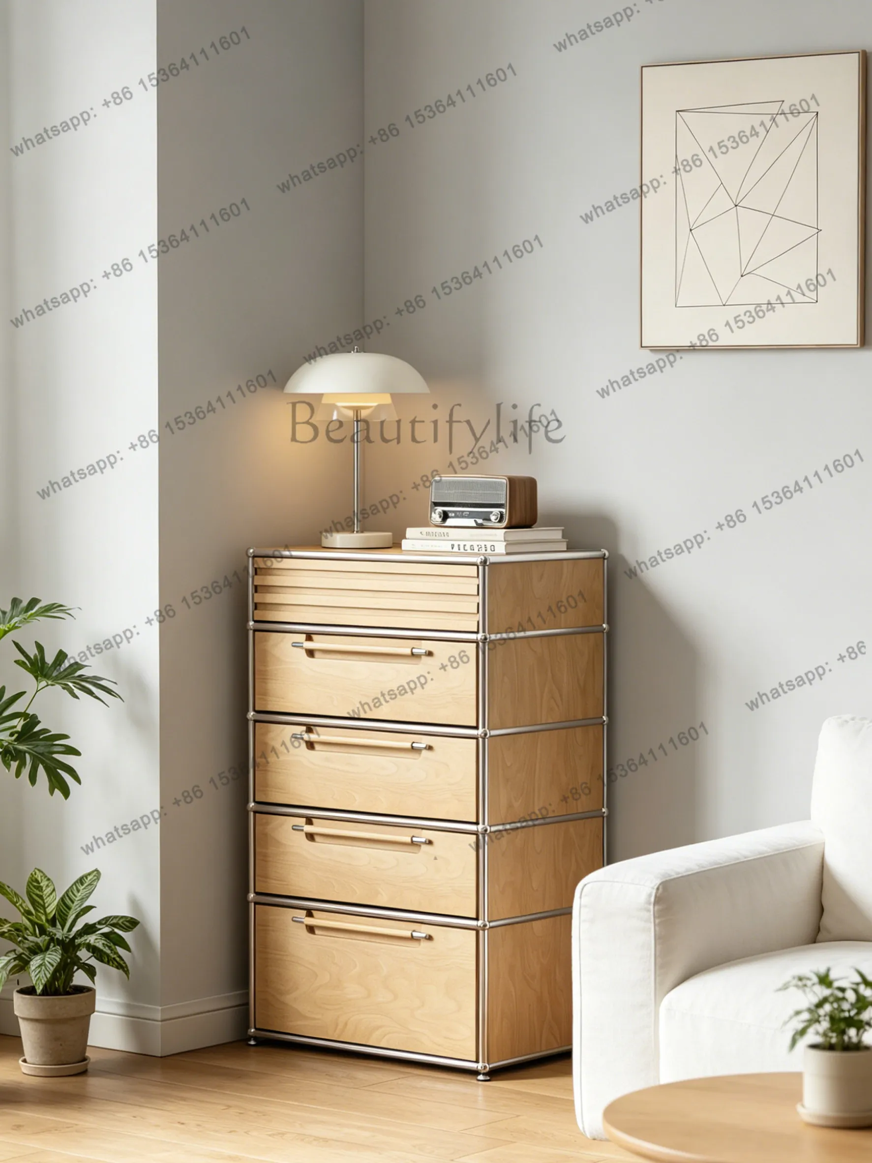 LX medieval birch ocean plate stainless steel floor display cabinet solid wood drawer storage chest cabinet