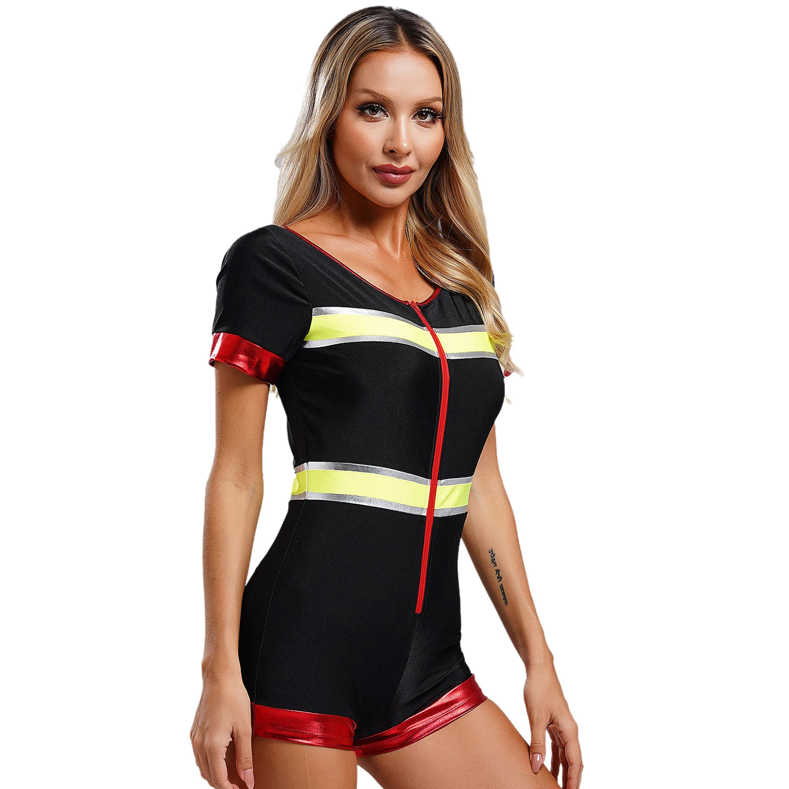 Womens Firefighter Role Play Rompers Short Sleeve Front Zipper Striped One Piece Fireman Jumpsuit Cosplay Halloween Costume