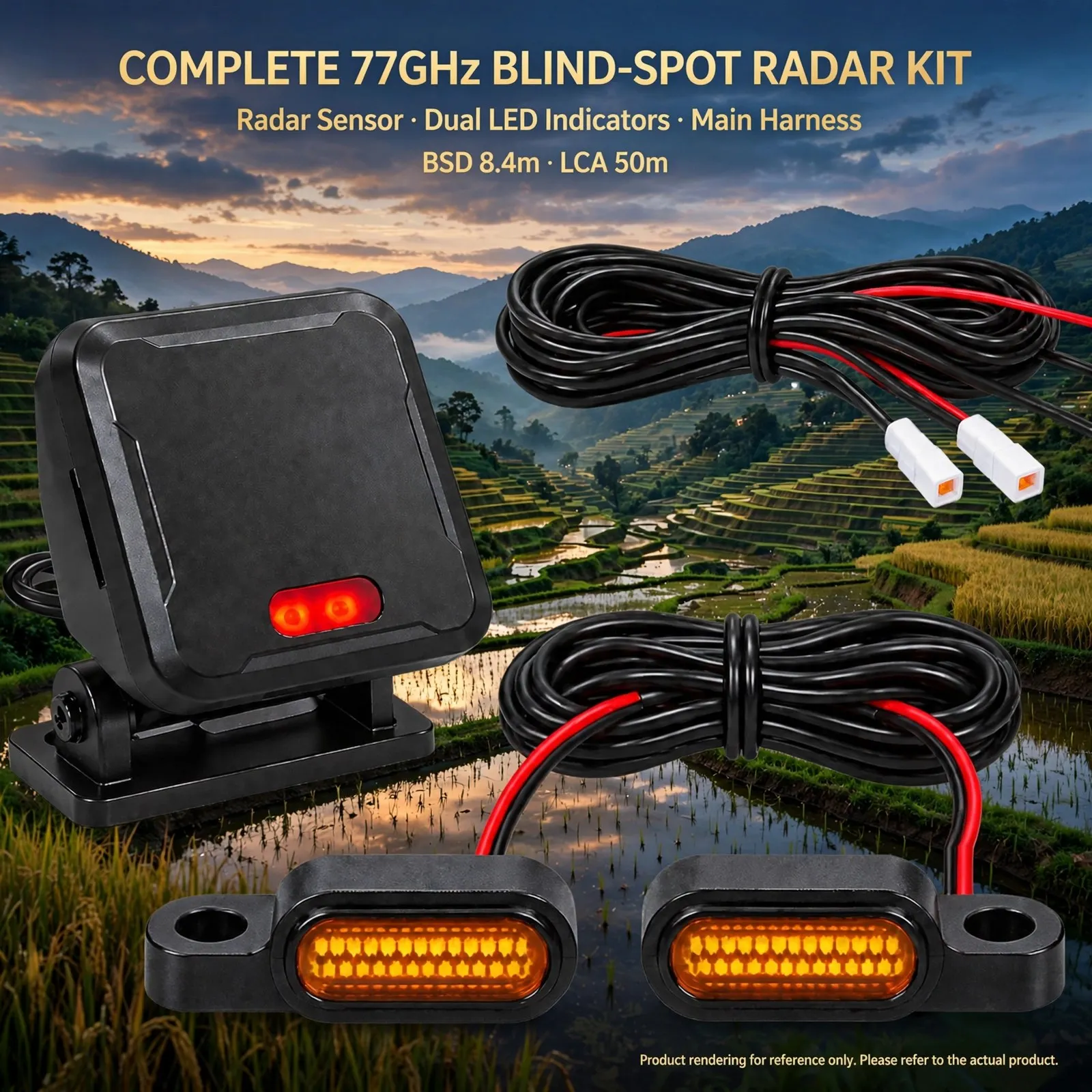 77GHz Motorcycle Blind Spot Monitoring Radar System with Dual LED Warning Indicators – Up to 70m Rear Detection, BSD 8.4m, LCA 5