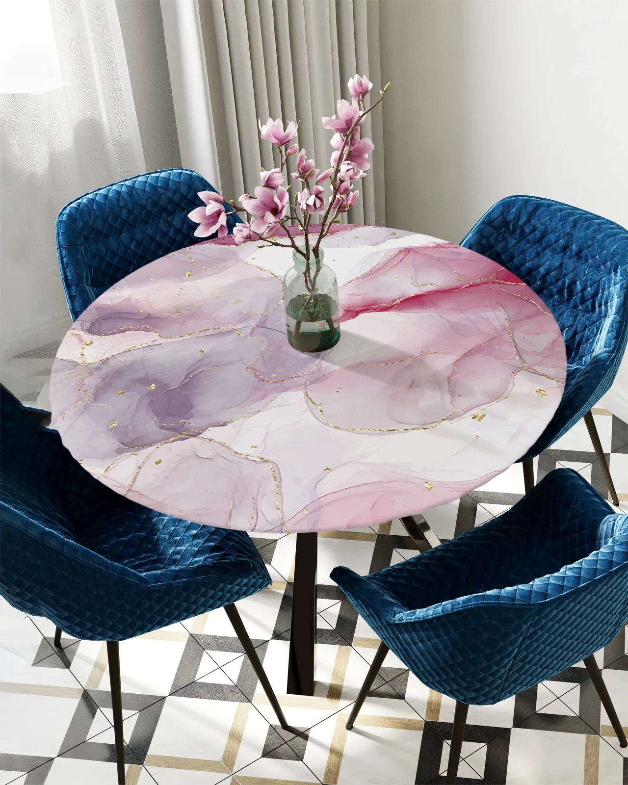 

Watercolor Pink Marble Round Elastic Edged Table Cover Protector Cloth Waterproof Polyester Rectangle Fitted Tablecloth