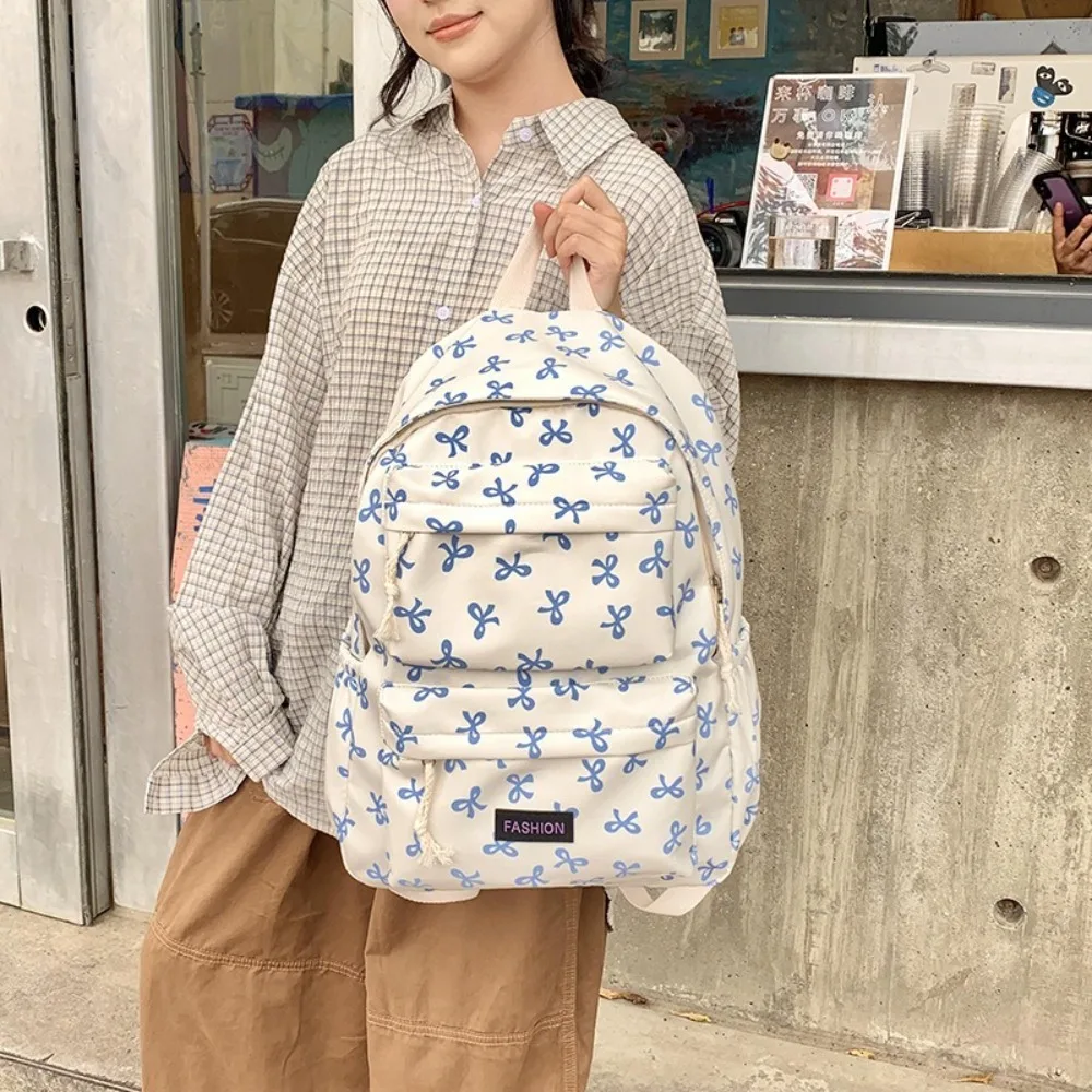 Cute Bow Printed Students Backpack Large Capacity Nylon Book Bag Adjustable Strap Travel Rucksack Travel