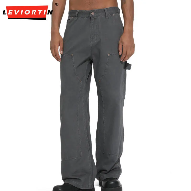 Four season men's fashionable American retro workwear straight leg wide leg rivet logging water wash versatile loose jeans