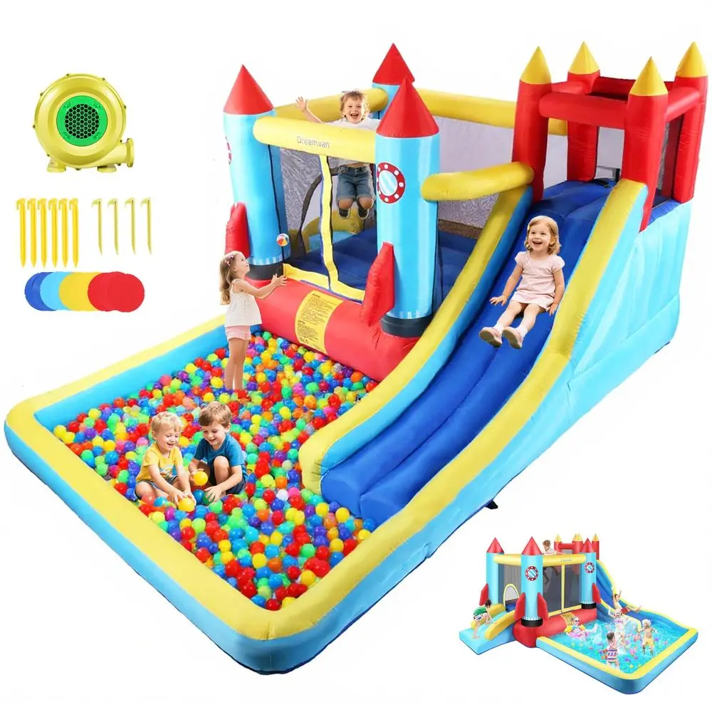 

Inflatable Water Slide, Adventure Surfing Slide Kids Water Park Jump Castle with Climbing Wall, Dual Cannons, Backyard Party Ou