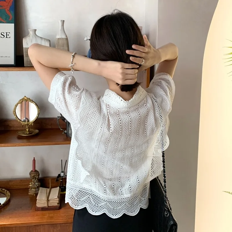 한국 부드러운 레이스 셔츠 및 블라우스 반팔 블라우스, 턴다운 칼라, 싱글 브레스트 로파 무제, 2025 여름 상의