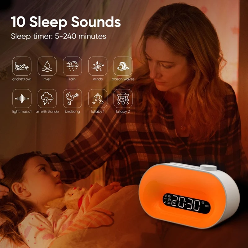 Alarm Clock Wake Up Light, Gradual Sunlight Lamp Clock, Sound Machine With 10 Soothing Sounds, FM Radio, Nightlight