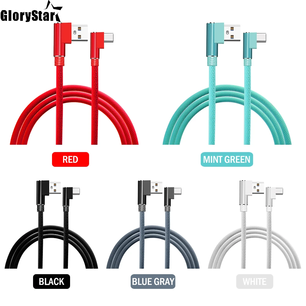 Czerwony Czarny Biały Niebieski Szary Kabel USB typu C do szybkiego ładowania 90 stopni do Samsung S8 Xiaomi Huawei LG HTC Oneplus 5 Pixel 2