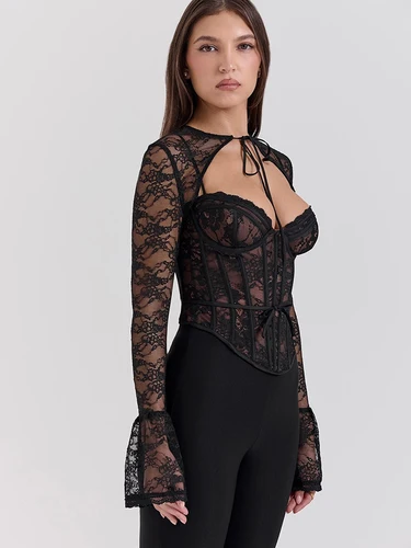 Imagen 2 del producto JULISSA MO-Conjunto de dos piezas de encaje transparente para mujer, Tops sexys de manga larga con estampado Floral, ropa de calle elegante ajustada para otoño