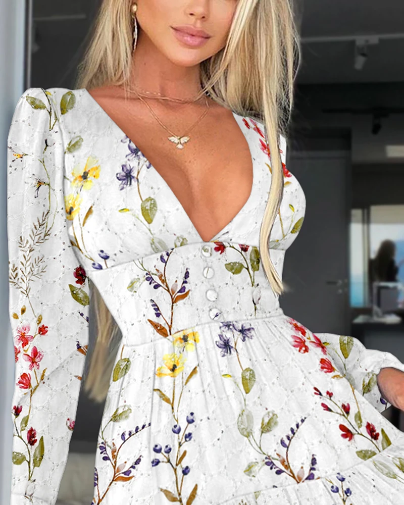 Autumn Women's Clothes Printed Cotton Embroidered V-Neck Long Sleeved Dress Sexy Slim and Elegant Dress for Women