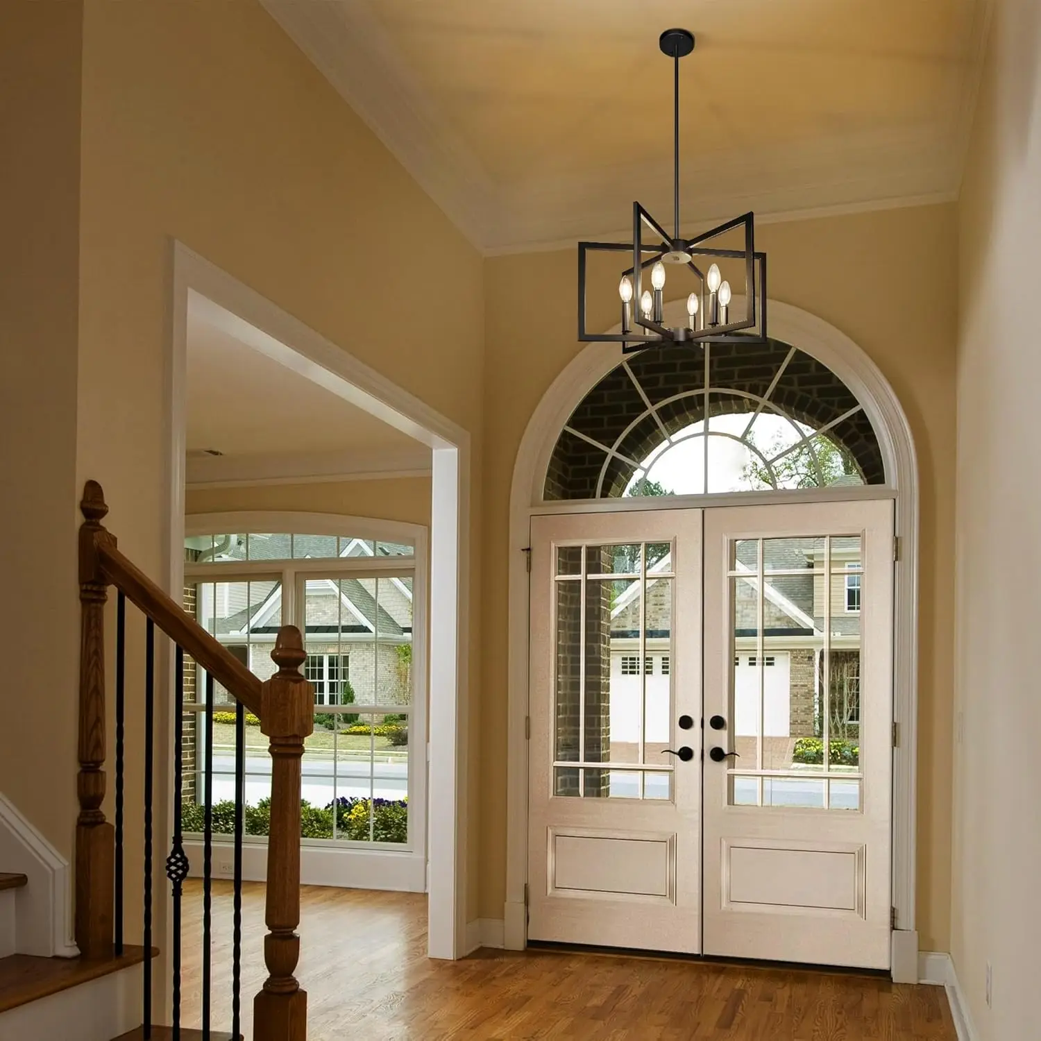 6-Light Modern Farmhouse Black Chandeliers For Entryway, Geometric Pendant Lights Kitchen Island, Hanging Industrial Metal