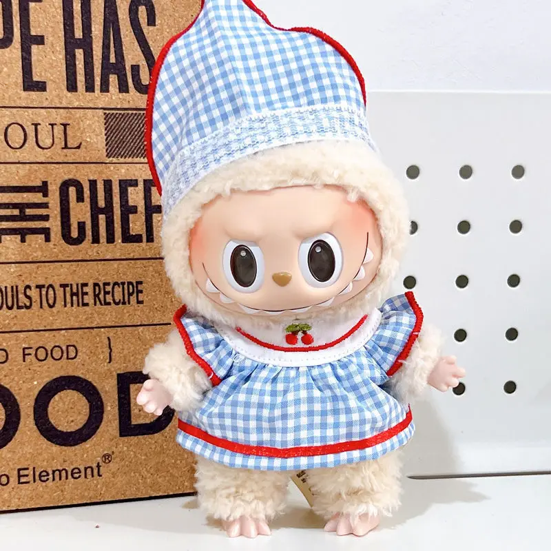 라부부 15cm 17cm 인형용 의류 1세대부터 3세대까지 귀여운 체리 체크 스커트와 헤드스카프 세트 의류 액세서리
