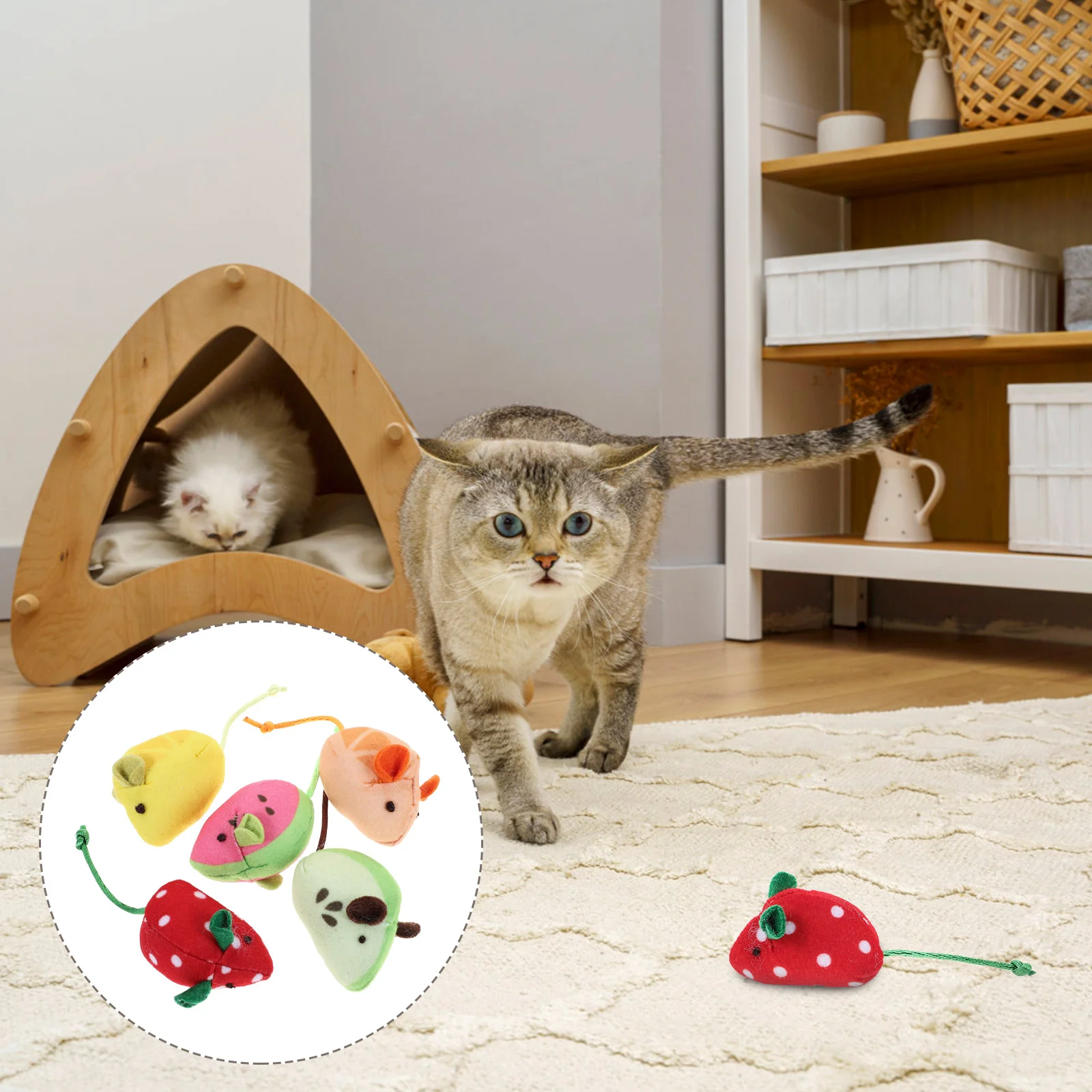 

5 Pcs Mouse Cat Toy Plush Toys Catnip Mice Plaything Interactive Cardboard for Indoor Cats Kitten Teething Fruit Funny