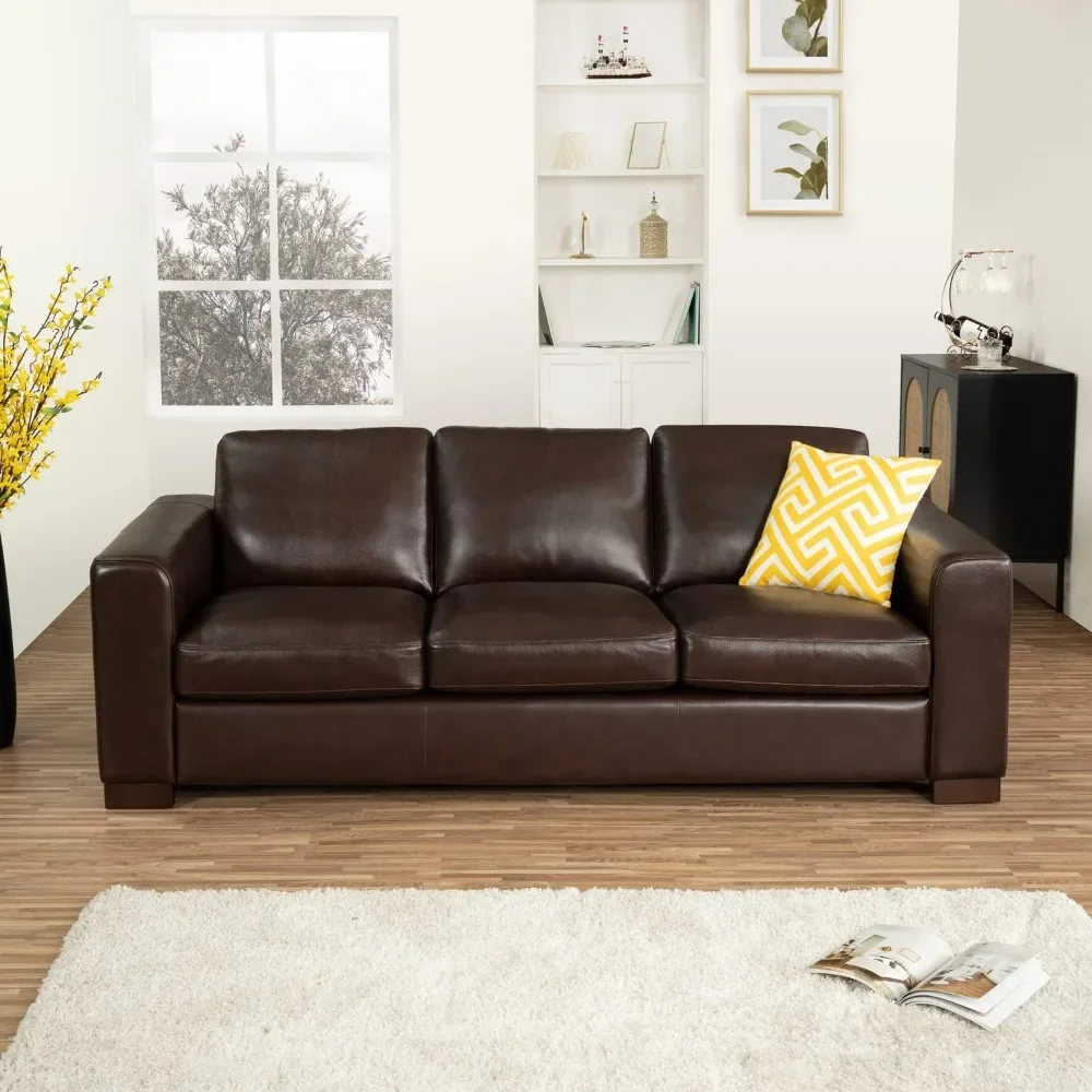 Leather sofa with goose feather cushion padding, square arm design, sturdy block legs, perfect for the living room