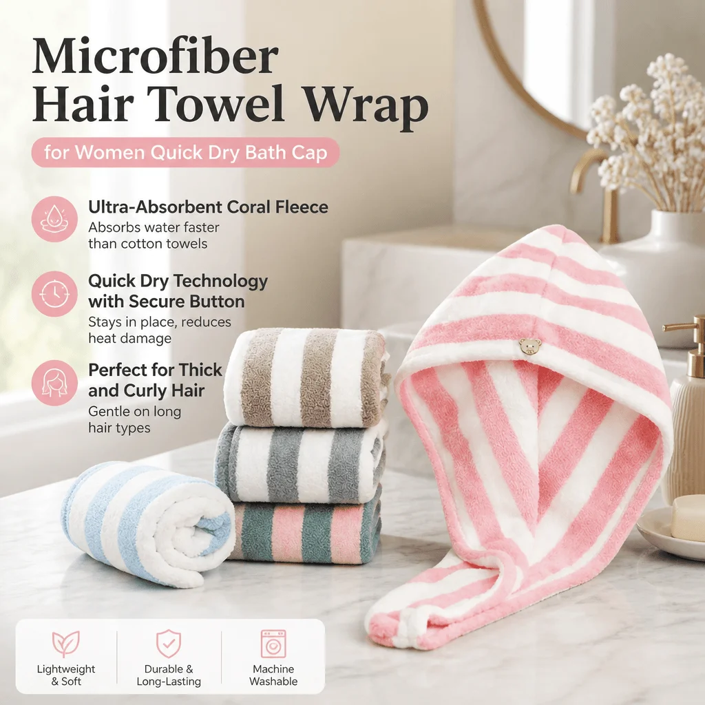 Microfiber Hair Towel Quick Dry Curly Hair Absorbent Cap With Button Long Thick Hair Drying Towel Shower Accessories No Heat
