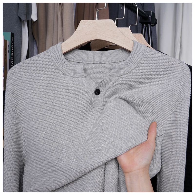 

Весна/осень 2022, футболка с длинными рукавами, мужской шерстяной свитер, вязаный свитер с воротником Генри, ретро вафельный свитер, базовый свитер