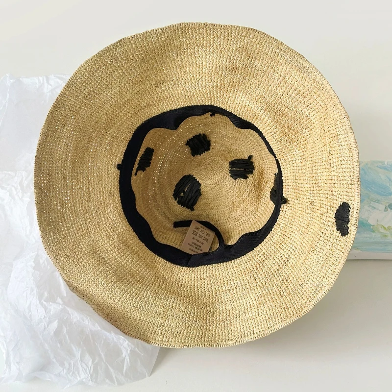 Y2K Natural Raffia Hand-woven Polka-Dot Sun Hats for Women Summer Sun Protection UV Beach Foldable Wide Brim Straw Cap Sombrero