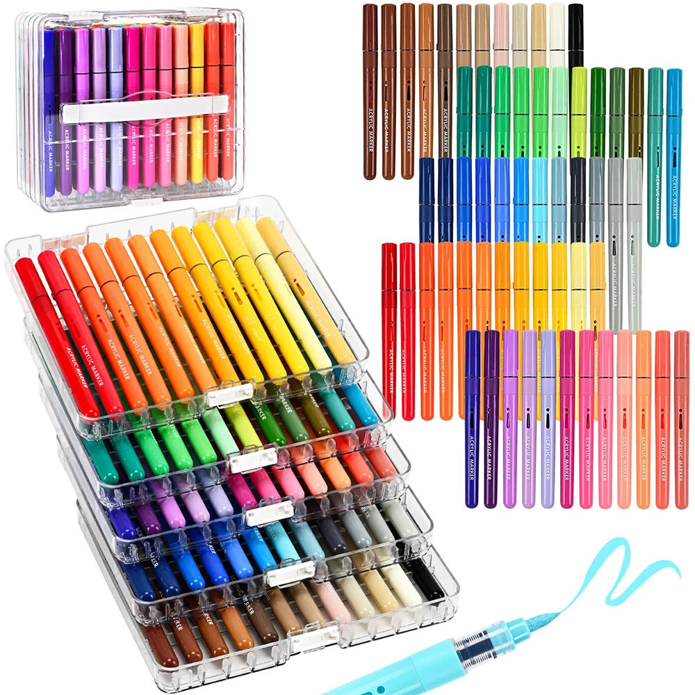 

60 Colors Acrylic Paint Markers, Automatic Ink Control System with Soft Brush Tip Acrylic Paint Pens DIY Crafts Art Supplies