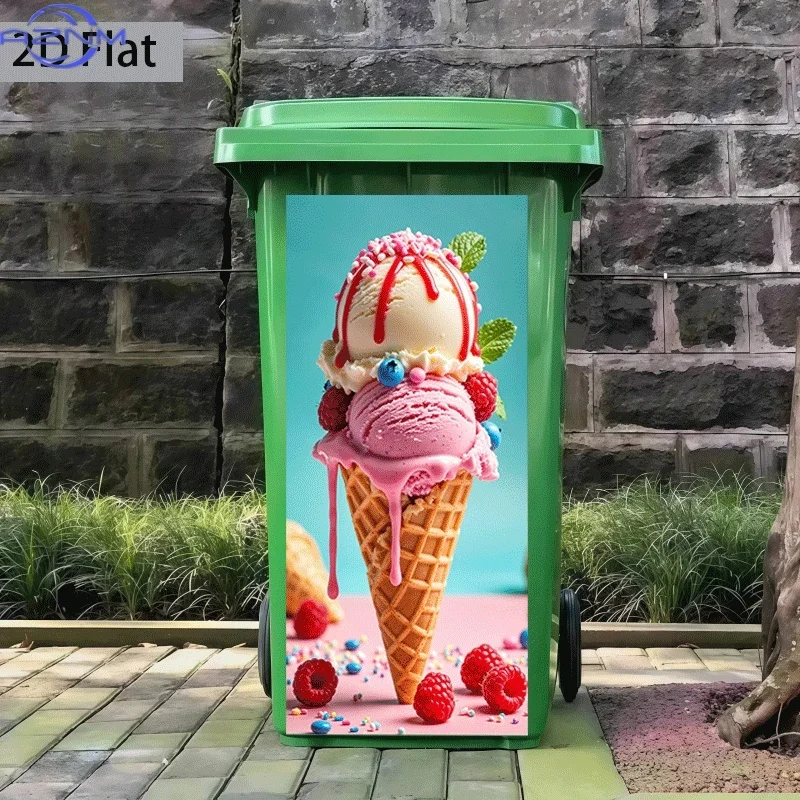 of Trash Can Sticker,  Featuring a Colorful Ice Cream Cone Feast Theme Design, Self-Adhesive Wall Decoration Wallpaper, Suitab
