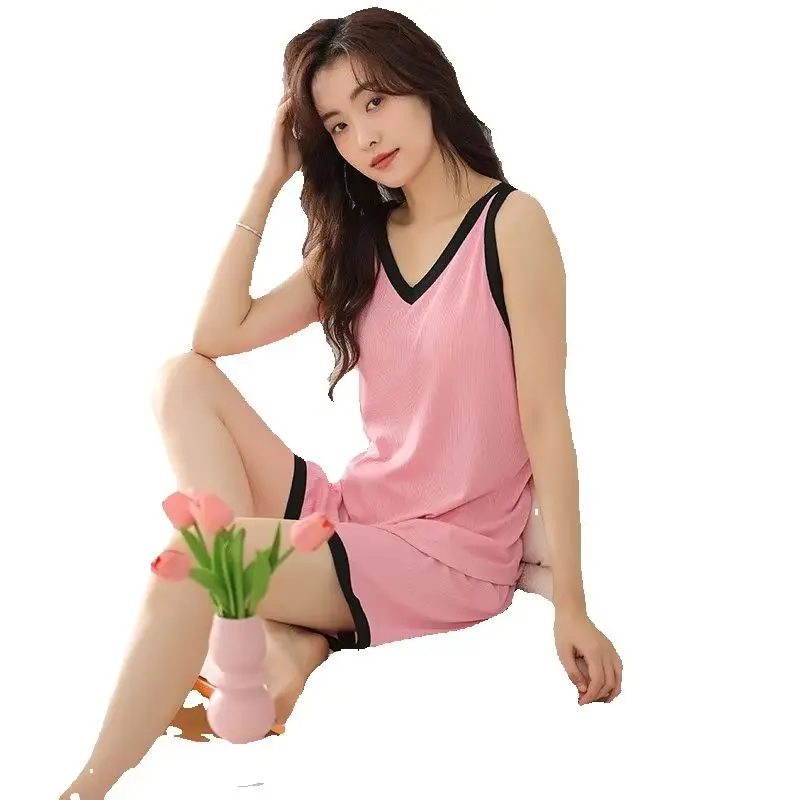 New Summer Women Soft Comfort Sleepwear Set Thin Style with Builtin Chest Cushion Sleeveless Vest Short Fashion Home Clothingset image 3