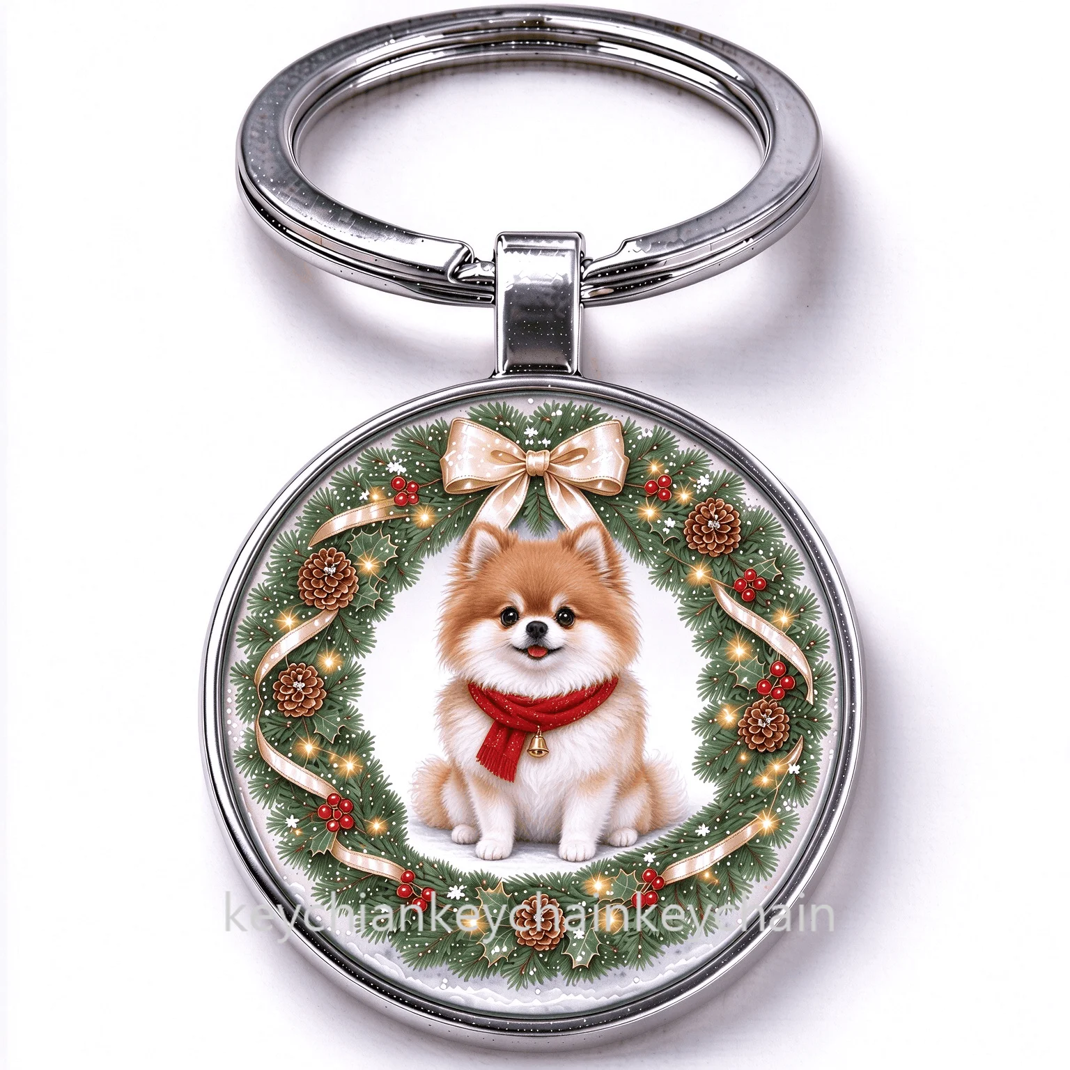 Christmas Pomeranian Dog Key Chain Round Keyring Cute Puppy Christmas Holiday Present for Pet Fans