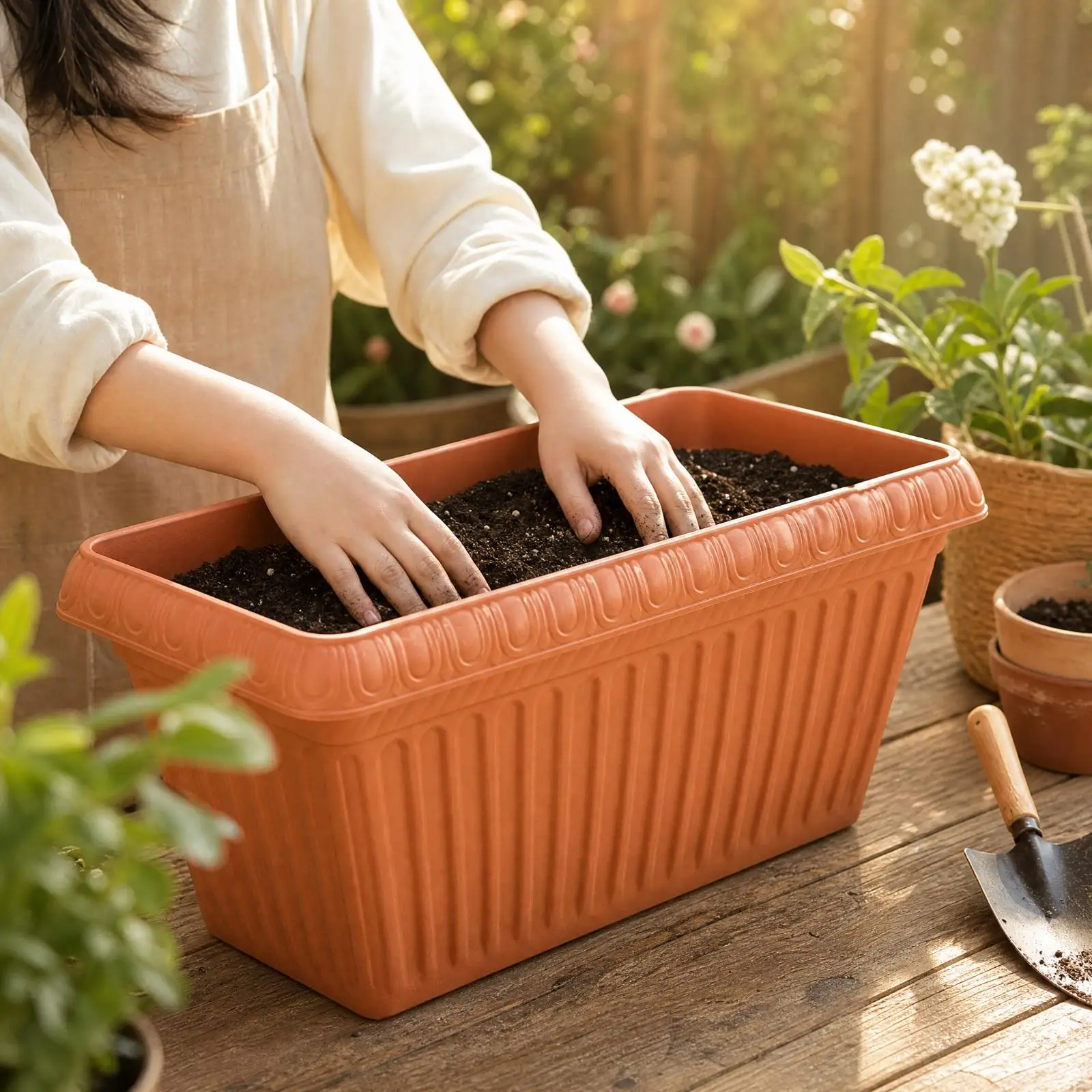 Rectangular Deep Planter with Drainage Insert Floor-Standing Ribbed Resin Planter with Flared Rim for Household Gardening,